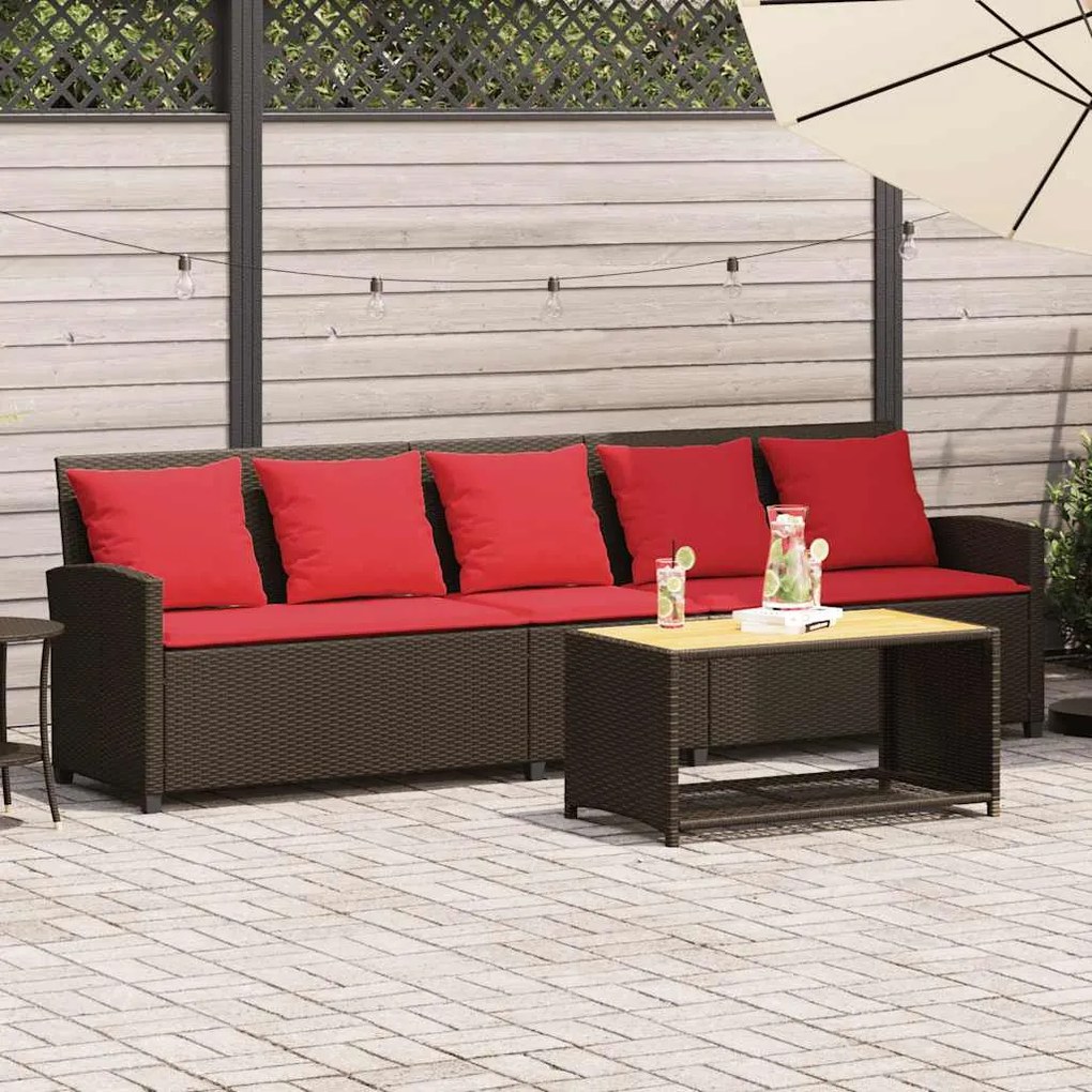 vidaXL Sofá de jardim com almofadões 5 lugares vime PE castanho