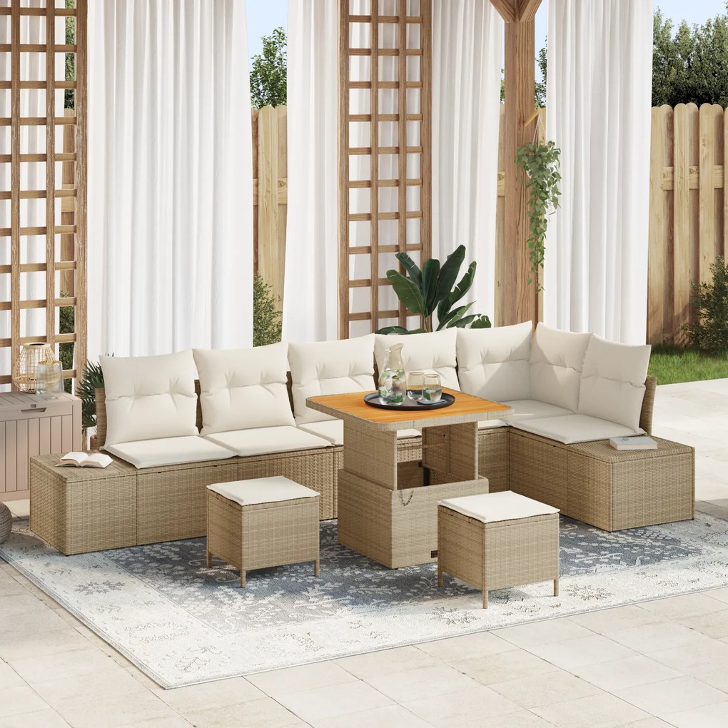 Conjunto de Sofá de Jardim vidaXL 9 Peças com Almofadas Bege Rattan Polimérico Acácia
