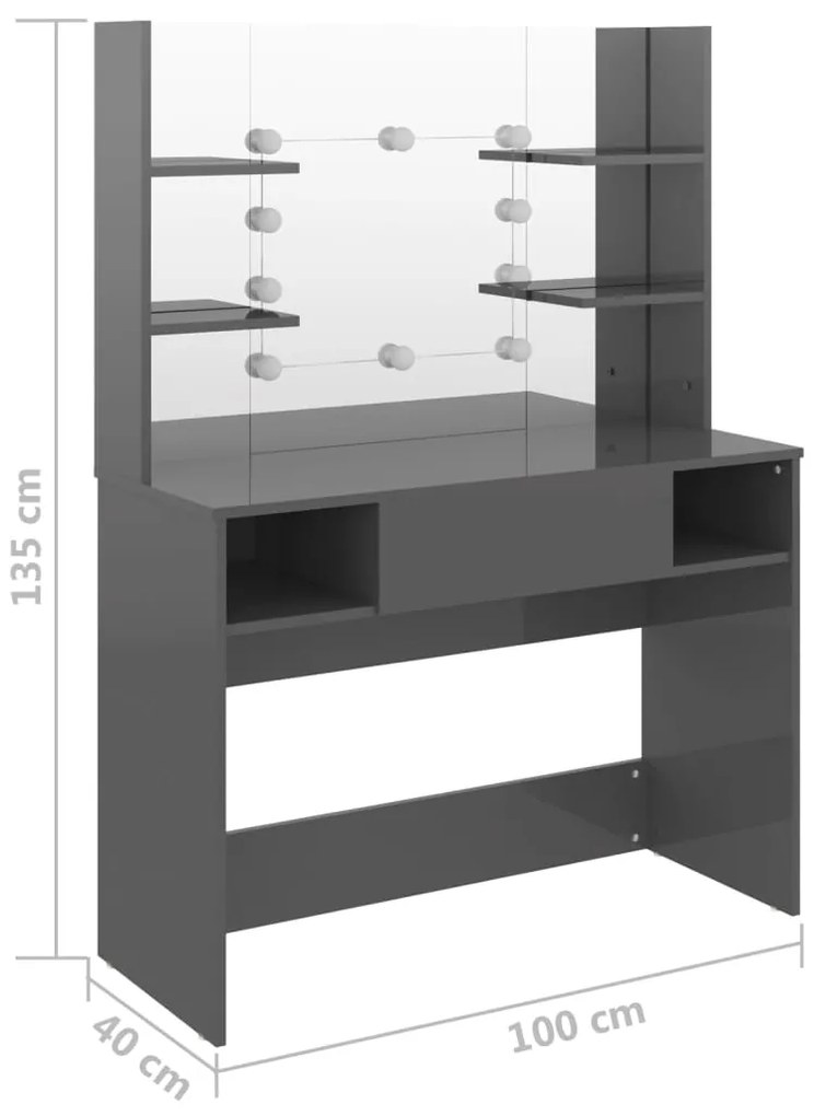 Mesa de maquilhagem c/ LEDs 100x40x135 cm MDF cinza brilhante