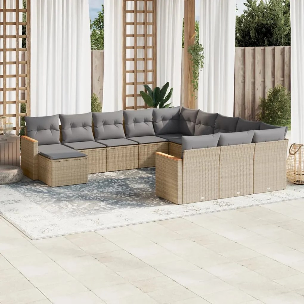 vidaXL 12 pcs conj. sofás jardim c/ almofadões vime PE bege misturado