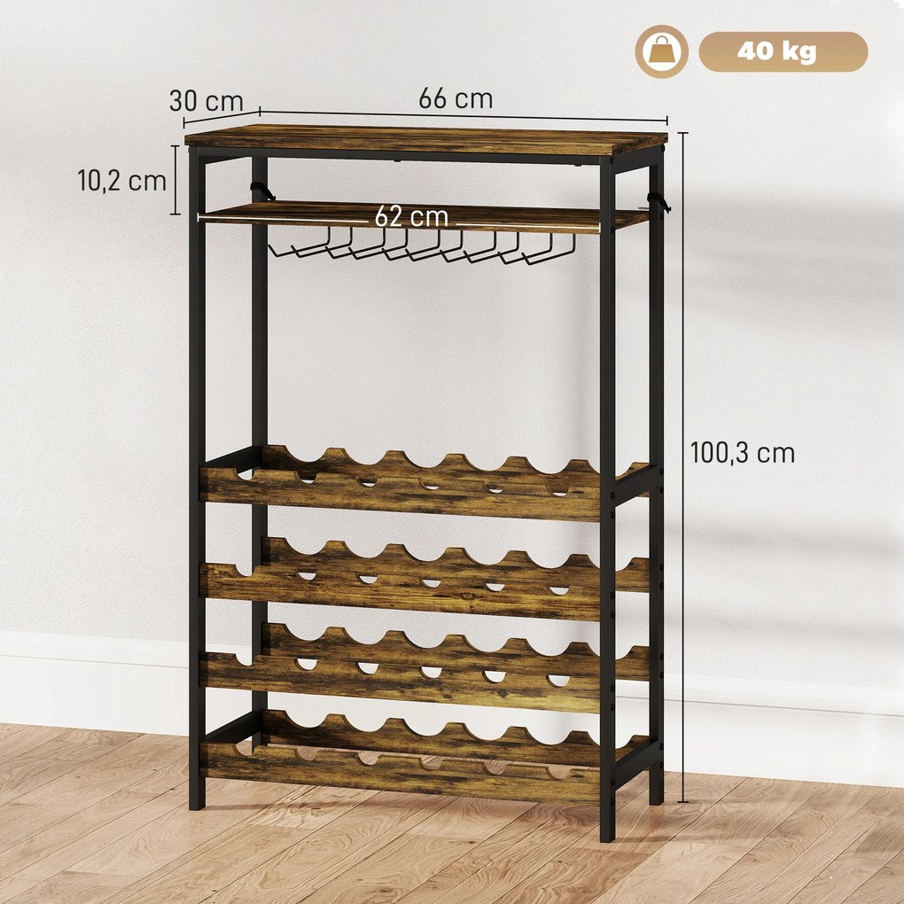 Garrafeira para Vinho para 24 Garrafas Estilo Industrial com Suporte para Copos e Prateleira Aberta 66x30x100,3 cm Castanho Rústico