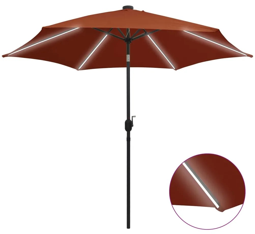 vidaXL Guarda-sol jardim c/ luzes LED/poste alumínio 300 cm terracotta