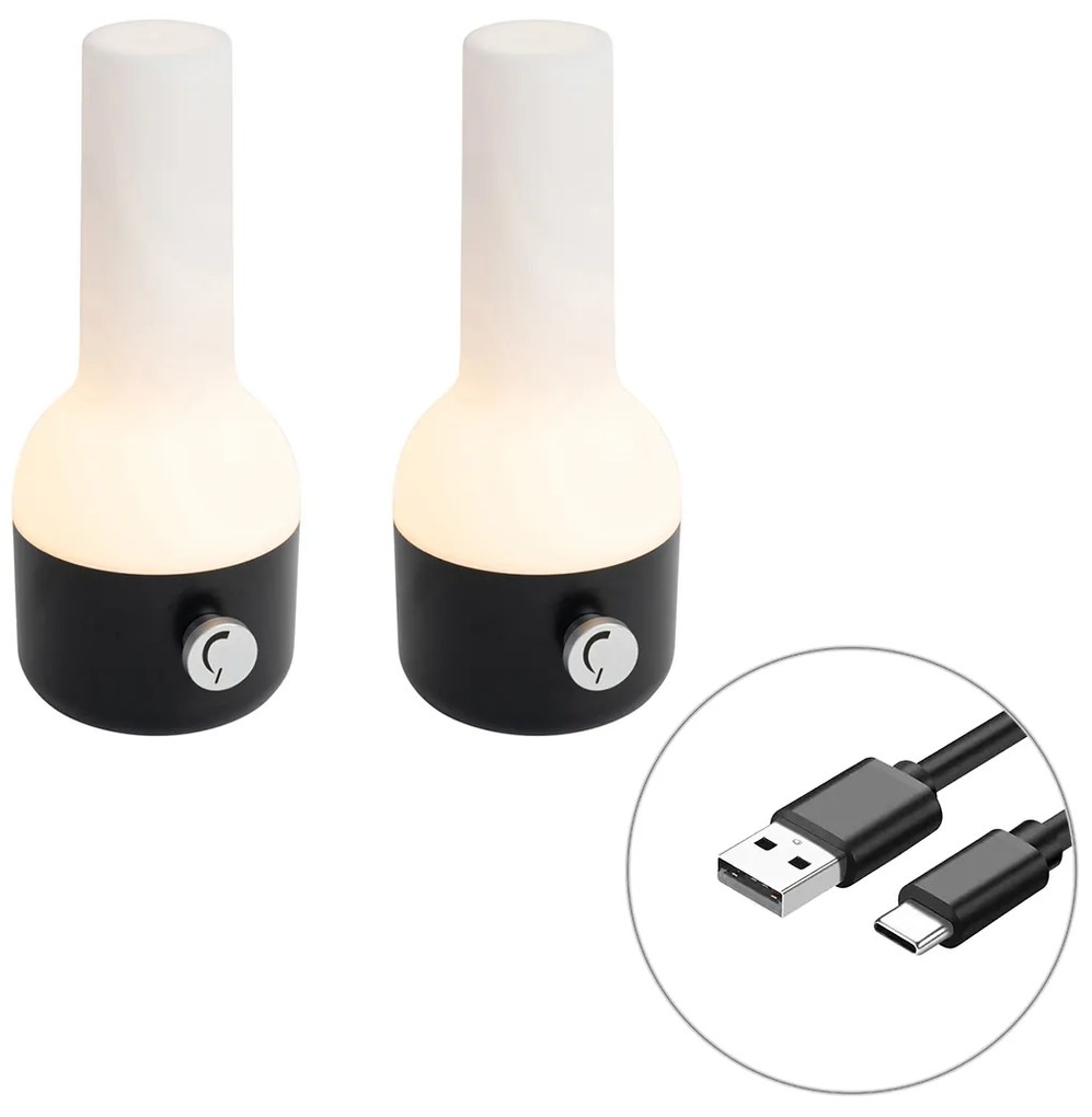Conjunto de 2 candeeiros de mesa de exterior preto com branco inc. LED recarregável - Haard