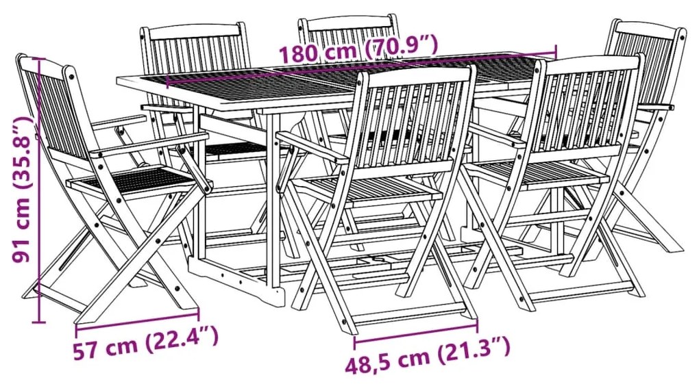 7 pcs conj. de jantar para jardim 180x90x75 cm acácia maciça