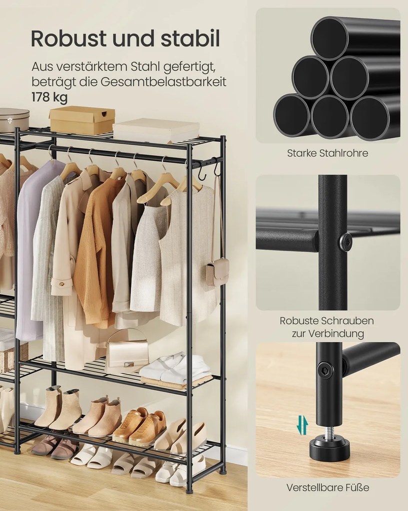 Guarda roupa aberto 30 x 206,4 x 157,1 cm com 10 prateleiras e 3 varões para cabides Preto