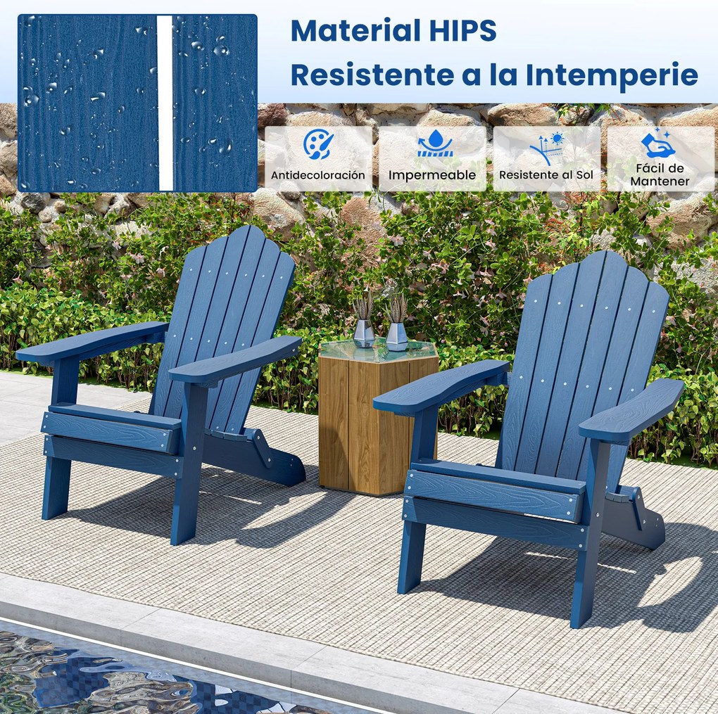 Conjunto de 2 cadeiras Adirondack dobráveis com braços largos, encosto inclinado, assento em ripas e capacidade para 180 kg, para terraço ou pátio, az