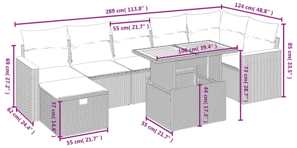 8 pcs conjunto de sofás p/ jardim com almofadões vime PE bege