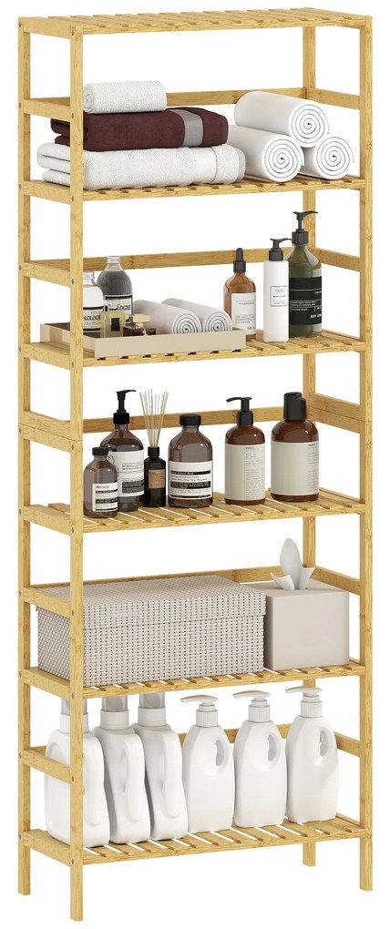 Estante de Bambu de 6 Níveis Prateleiras Ajustáveis para Espaços Pequenos Casa de Banho  Cozinha 60x26x161 cm Madeira