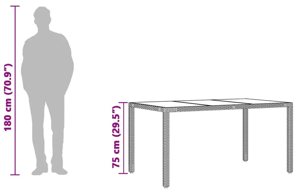 Mesa de jardim com tampo de vidro 150x90x75 cm vime PE castanho