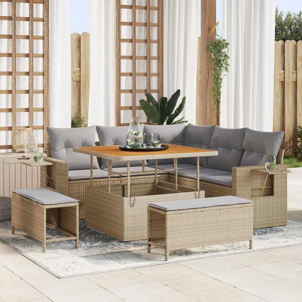 Conjunto de Sofá de Jardim de 8 Peças com Almofadas Bege Vime Acácia