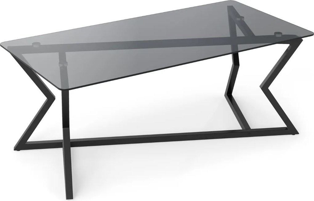 Mesa de centro retangular 110 x 55 x 44,5 cm com vidro temperado e Estrutura metálica geométrica, estilo moderno, cinzento escuro