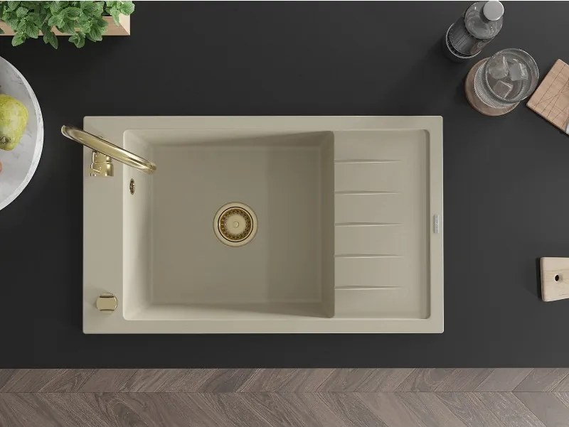 Mexen Elias lava-louça em granito com 1 bacia e escorredor 795 x 480 mm, bege, sifão dourado - 6511791005-69-G