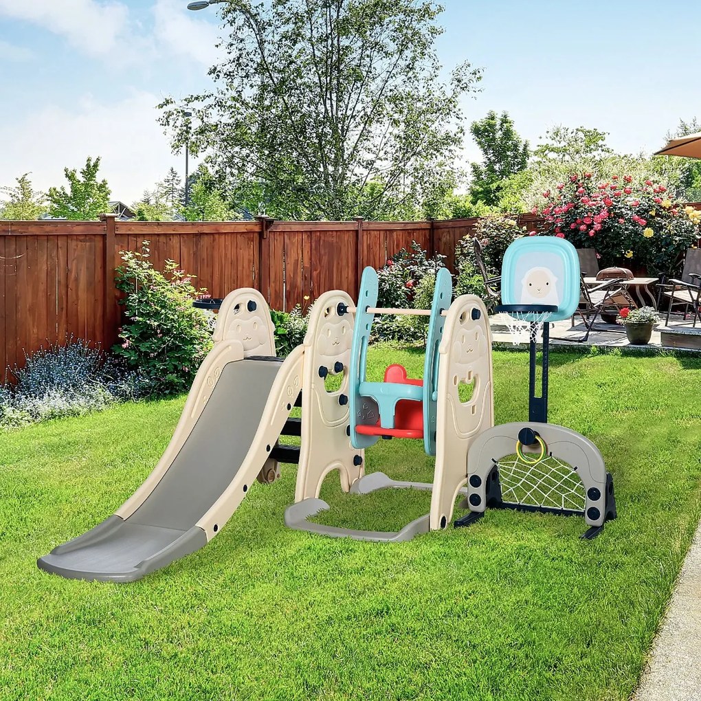 Parque infantil 5 em 1 escorrega balanço 2 cestas de basquete e gol de futebol para crianças acima de 1 ano 225x220x110 cm Multicolor