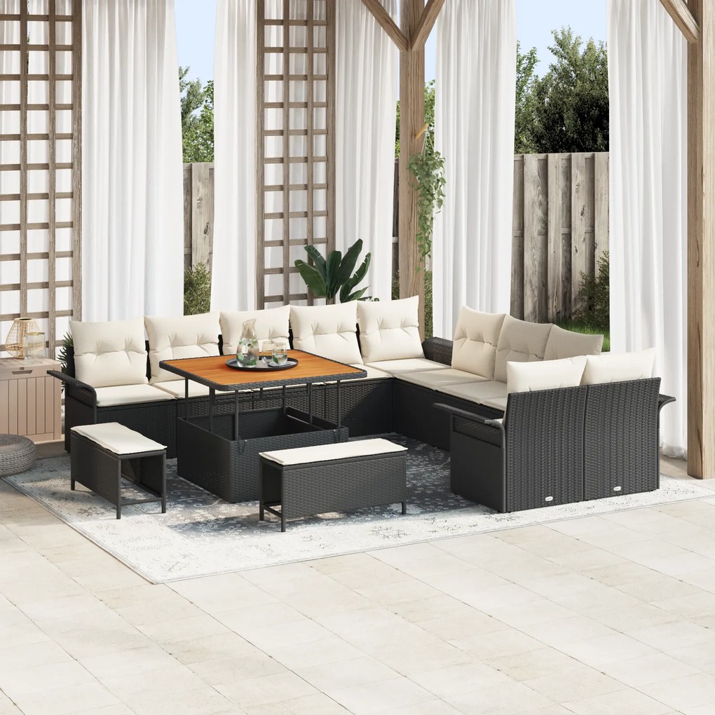 Conjunto de Sofás de Jardim vidaXL 13 Peças com Almofadas Preto Rattan
