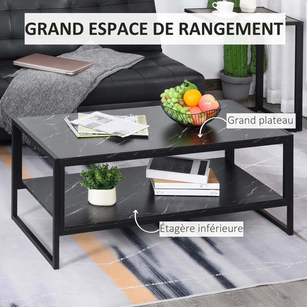 Mesa de centro de estilo moderno com 2 prateleiras 106 x 50 x 47 cm Preto