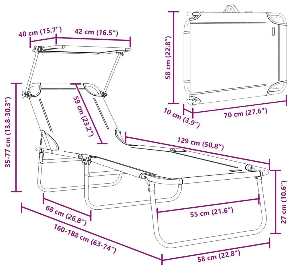 Espreguiçadeiras dobráveis 2 pcs com toldo em tecido Oxford cinza 600D