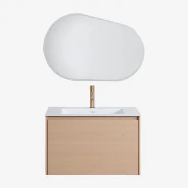 Conjunto De Móveis De Banheiro Em Madeira Jacob Com Pia Integrada Madeira Natural & Oval Led E Anti-embaciamento 100x80 Cm Riben - Sklum