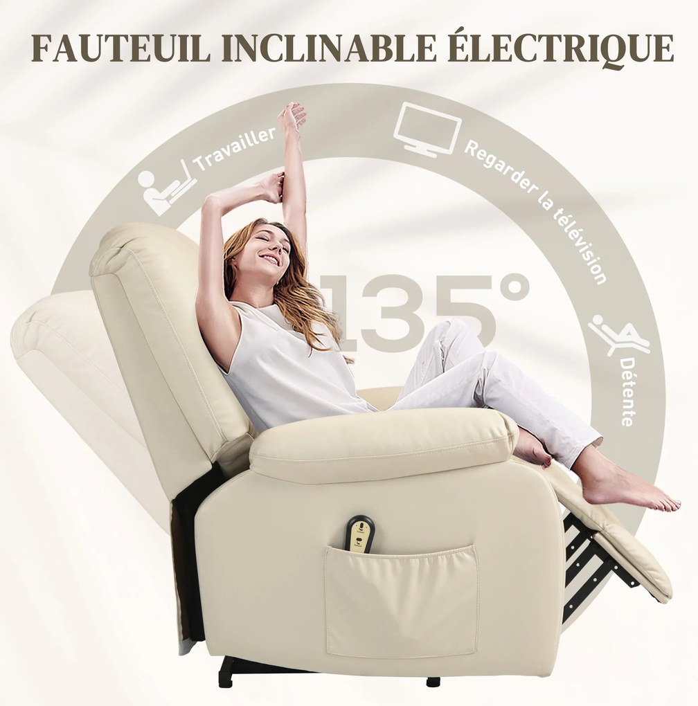 Poltrona relaxante reclinável elétrica com função de levantamento, apoio para os pés e comando à distância 86 x 92 x 102 cm Bege