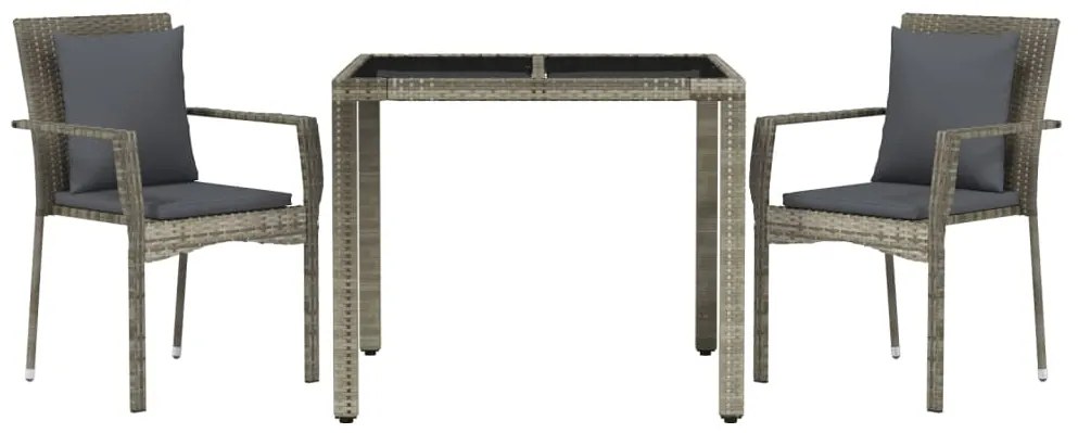 3 pcs conjunto de jantar p/ jardim c/ almofadões vime PE cinza