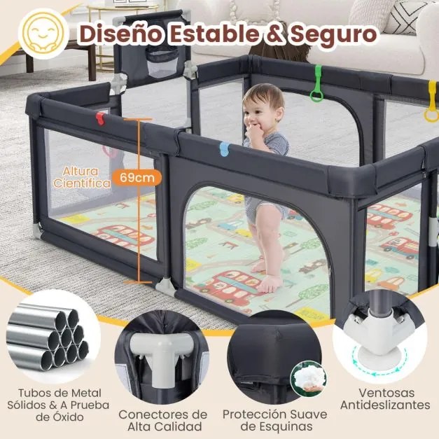 Parque infantil grande para bebés de 188 x 157 cm com aro de basquetebol, baliza, área de jogos com fecho e rede respirável cinzento escuro