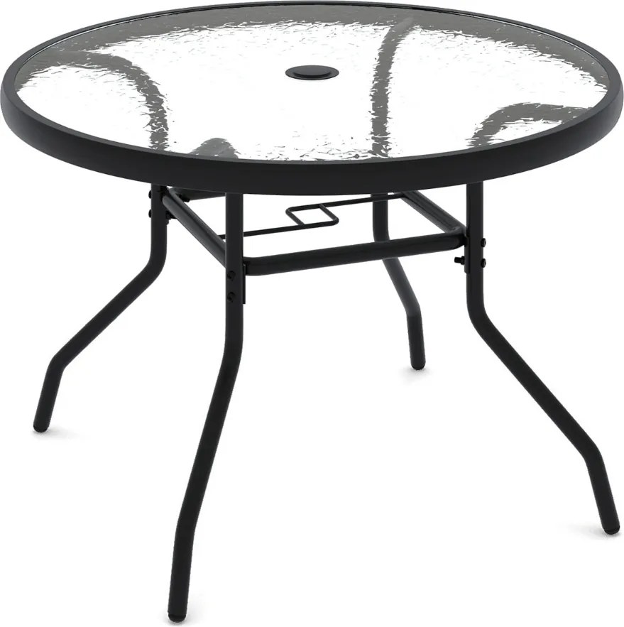 Mesa jarim para exterior com vidro temperado 70 x 70 x 45,5 cm, orifício para guarda-sol e metal para jardim ou terraço Preta