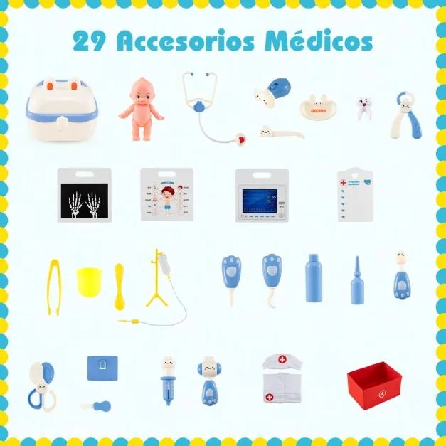 Consultório médico em madeira para Crianças 85 x 25 x 80 cm com área de exame, filme de raios X, monitor de ECG e tabela optométrica Azul