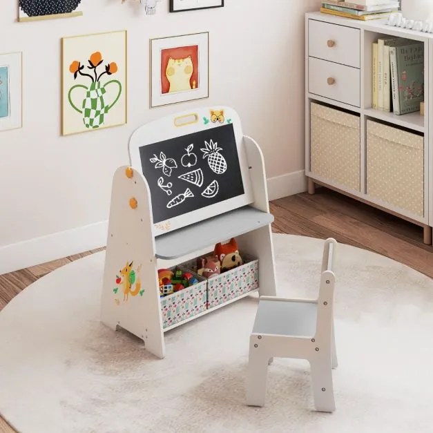 Conjunto de mesa e cadeira para crianças com quadro branco magnético e Quadro de giz Branco e cinza