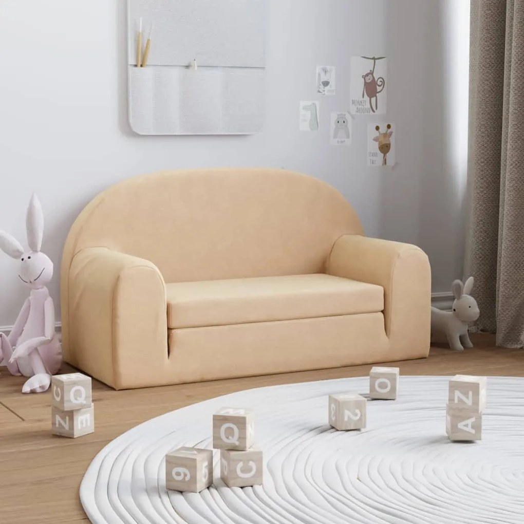 vidaXL Sofá-cama infantil de 2 lugares pelúcia cor creme