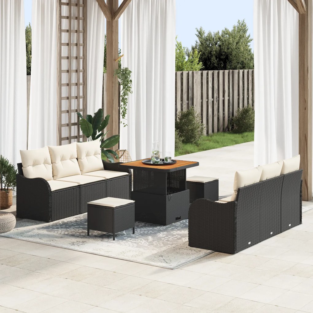 Conjunto de Sofá de Jardim de 9 Peças com Almofadas Preto Ratan Sintét