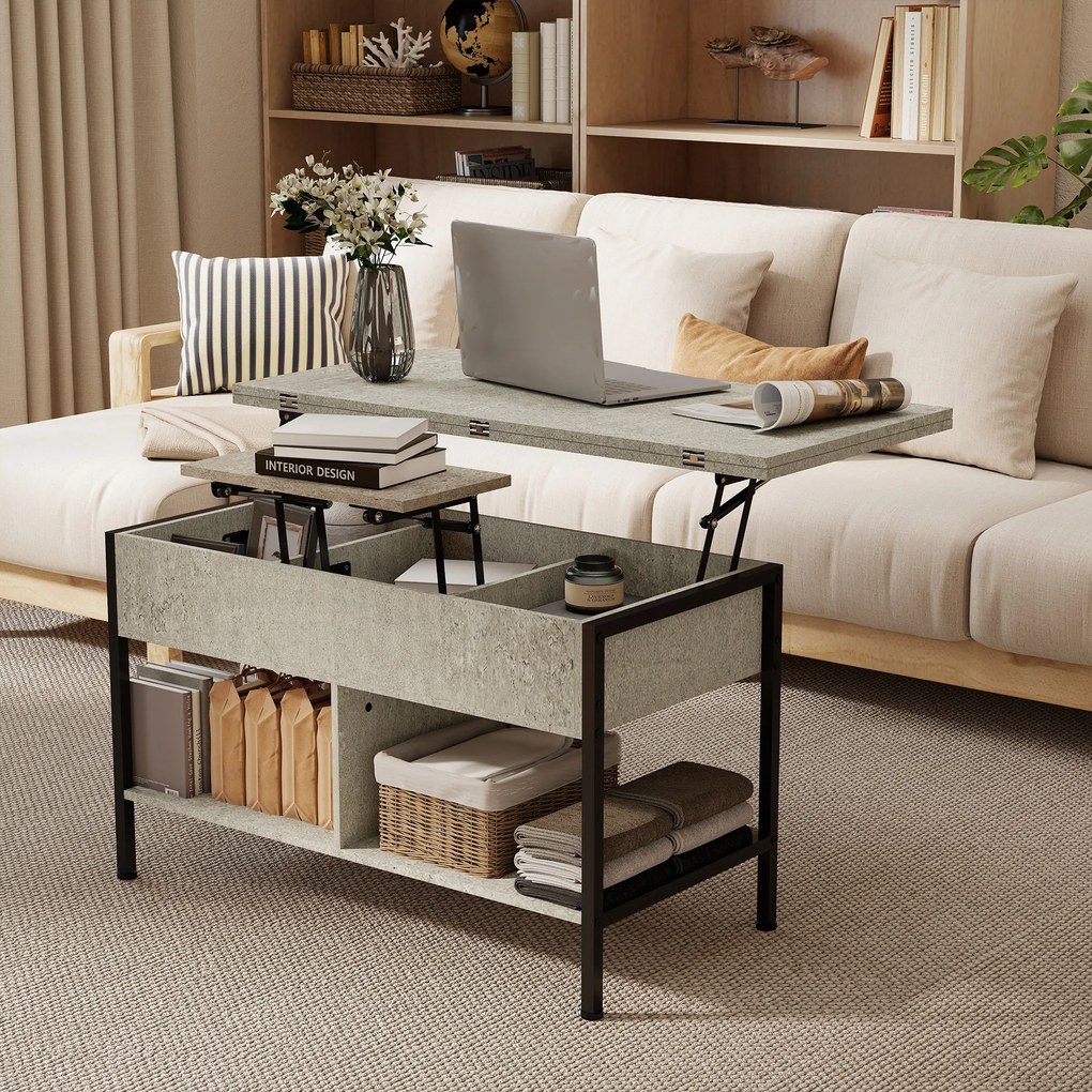 Mesa de centro elevável e extensível 98 x 49 x 55 cm,, com compartimento oculto e prateleiras abertas, cinzenta