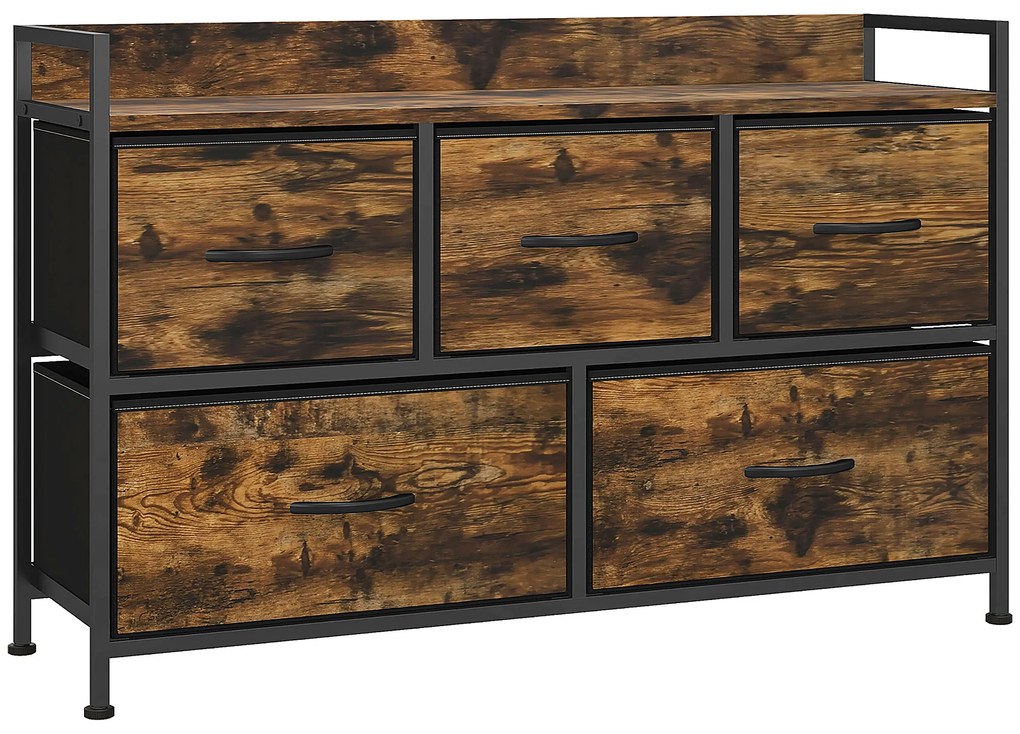 HOMCOM Cómoda com 5 Gavetas de Tecido Cómoda de Estilo Industrial com Estrutura Metálica para Quarto 98x29x63 cm Castanho Rústico | Aosom Portugal