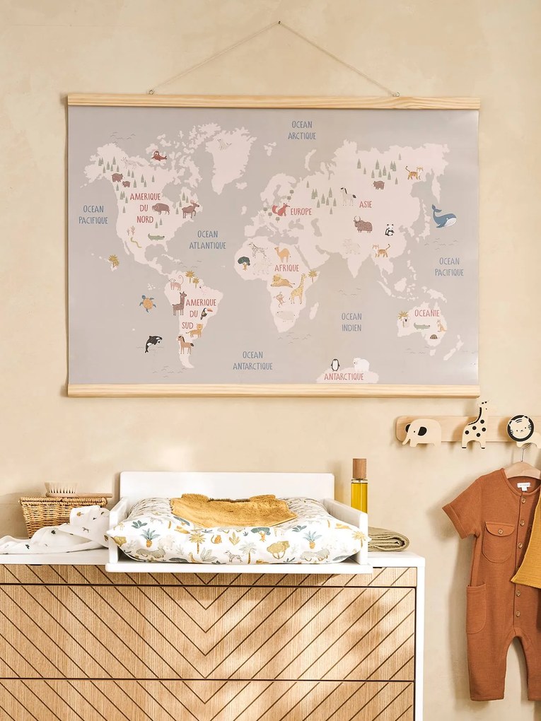 Póster mapa do mundo com animais para parede. madeira