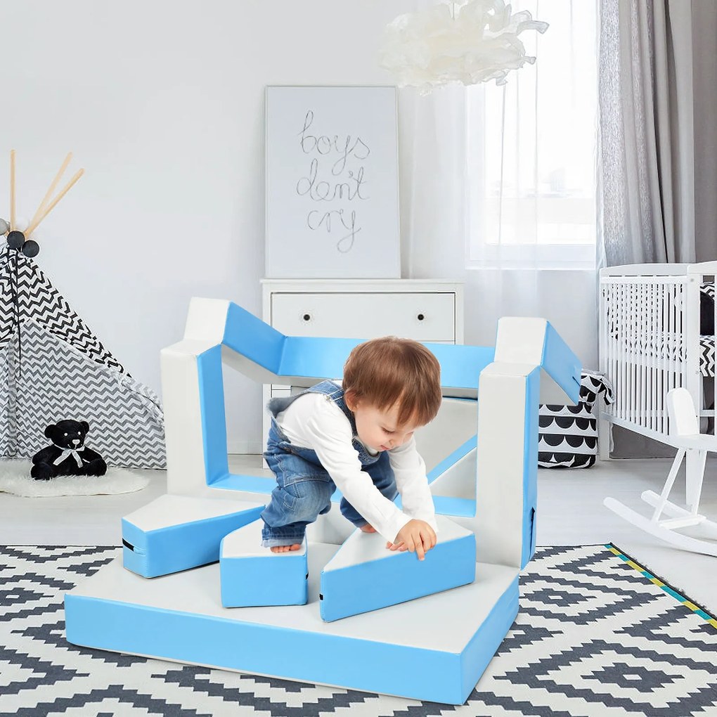 Conjunto multifunções 4 em 1 Sofá para Crianças Conjunto Criativo de Quebra-cabeças Azul e Cinzento