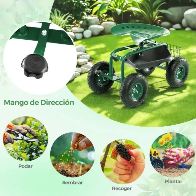 Banco para jardinagem 55,2 x 43 x 31 cm com rodas e alça extensível Assento ajustável 2 bandejas para ferramentas e 4 rodas de borracha Verde