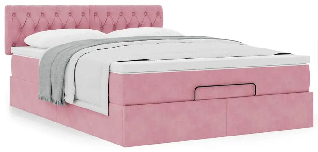 Estrutura de cama otomana com colchão 140x190 cm veludo rosa
