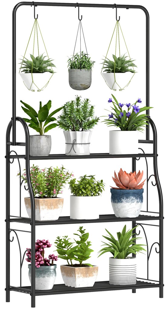 Suporte para Plantas de 3 Níveis Suporte para Vasos de Plantas com Ganchos de Metal Barra para Pendurar 75x25x137 cm Preto