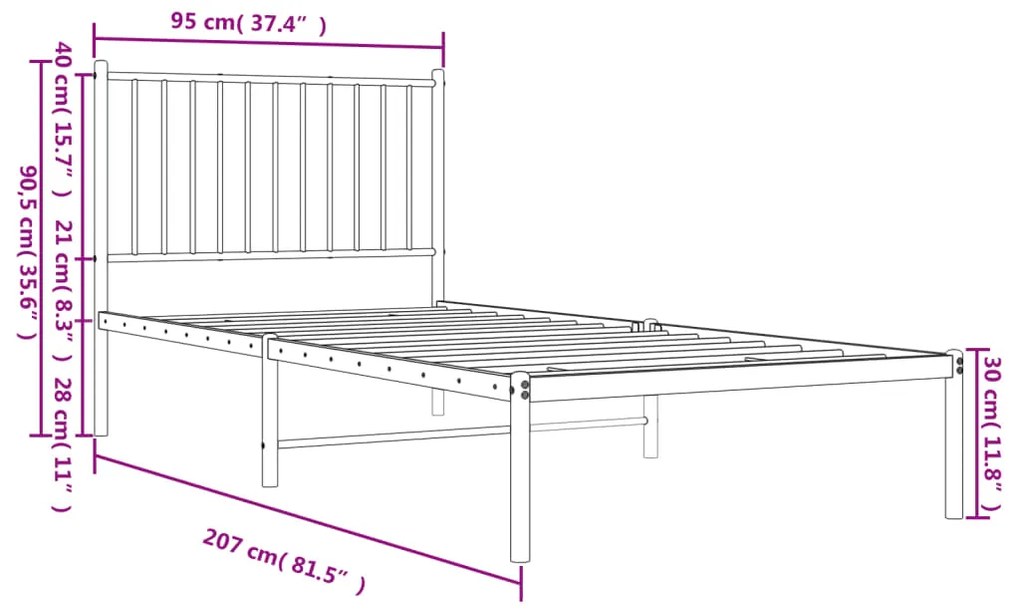 Estrutura de cama com cabeceira 90x200 cm metal preto