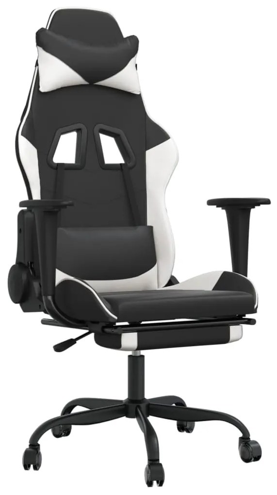 Cadeira gaming massagens c/ apoio pés couro artif. preto/branco