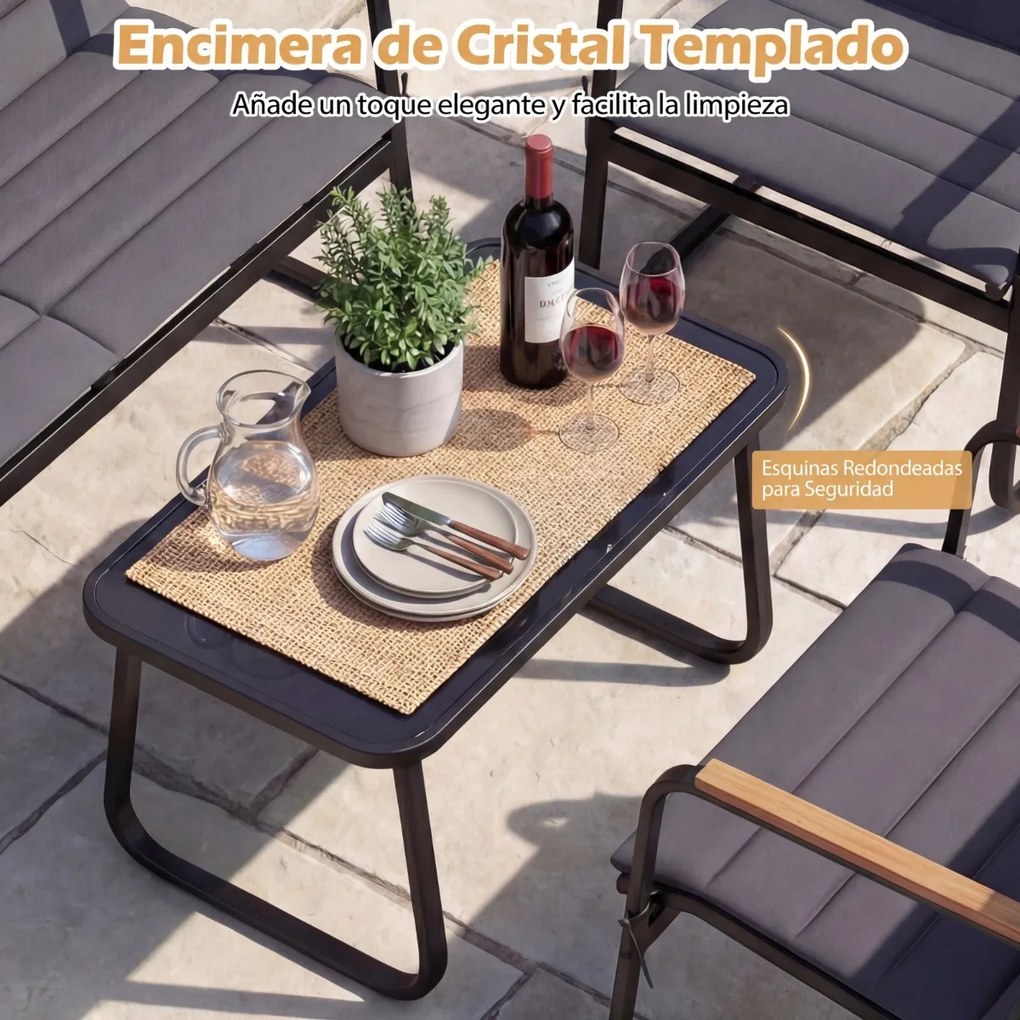 Conjunto de jardim de 4 peças, com almofadas, mesa de vidro temperado e cadeiras de jardim para alpendre, varanda ou jardim com almofadas Cinza