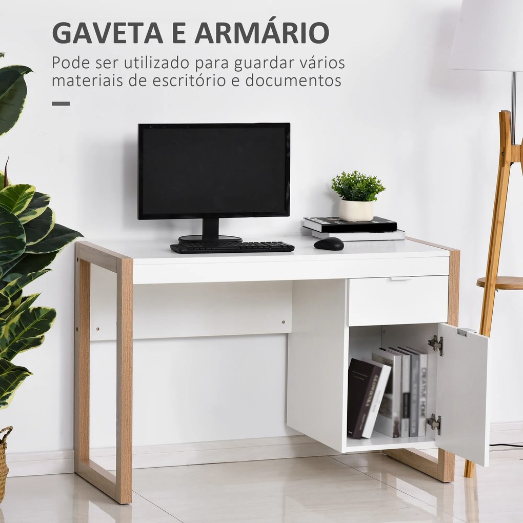 HOMCOM Mesa de Computador com Gaveta Armário Pés em Forma Retangular112,5x50x75,5 cm Branco e Madeira | Aosom Portugal