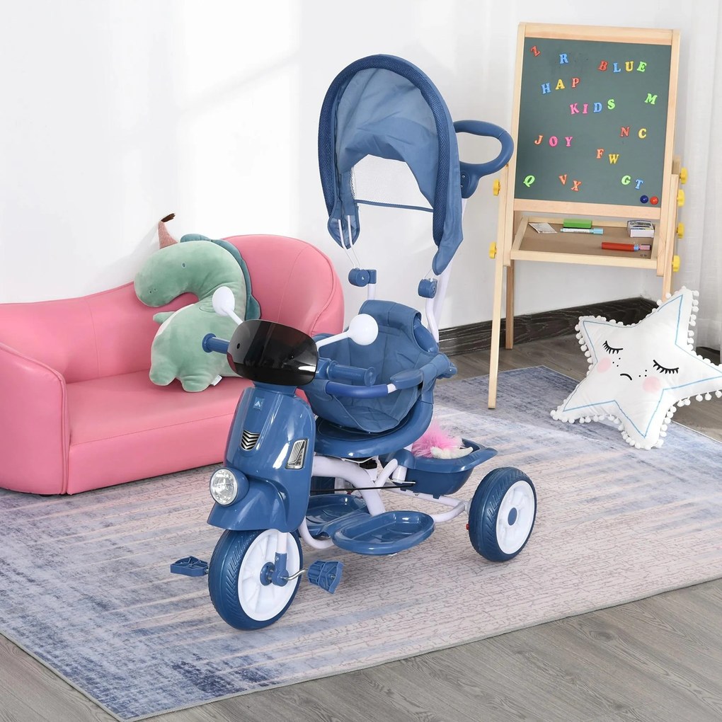 Triciclo infantil com toldo Barreira Apoio para os pés Luz e Música 93x51x94 cm Azul
