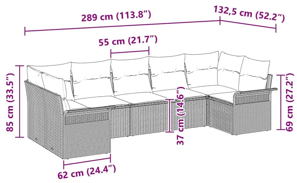 Conjunto de Sofá de Jardim 7 Peças com Almofadas Rattan Poliéster Pret
