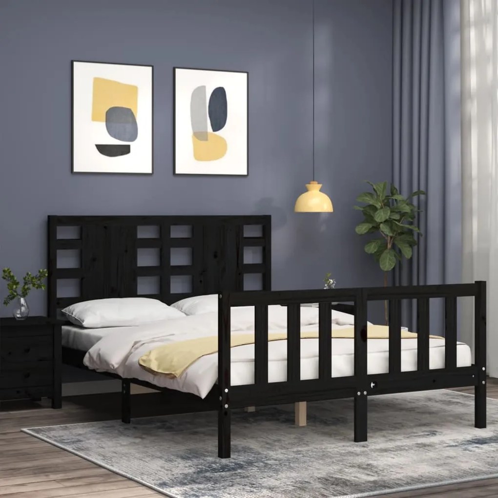 Estrutura de cama com cabeceira 140x190 cm madeira maciça preto