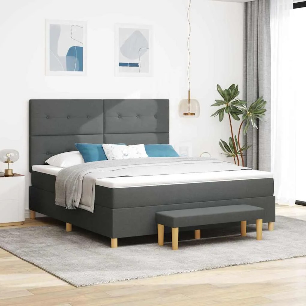 Cama Box Spring com Colchão e Banco Cinza Escuro 180x200 cm Tecido