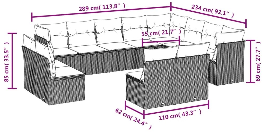 12 pcs conj. sofás jardim com almofadões vime PE cinzento-claro