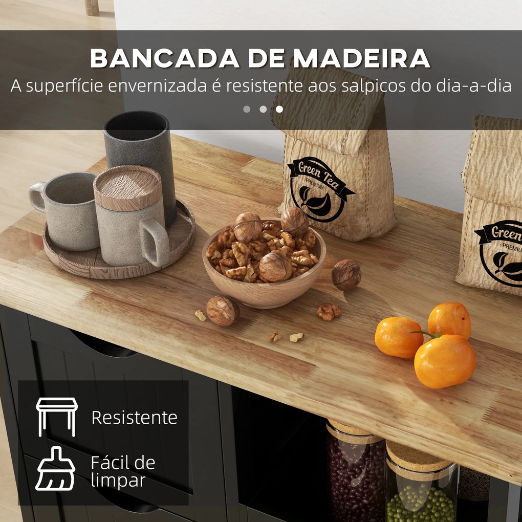 Carrinho de Cozinha com Rodas com 3 Gavetas 2 Prateleiras Abertas e Bandeja 67x37x85,5 cm Preto