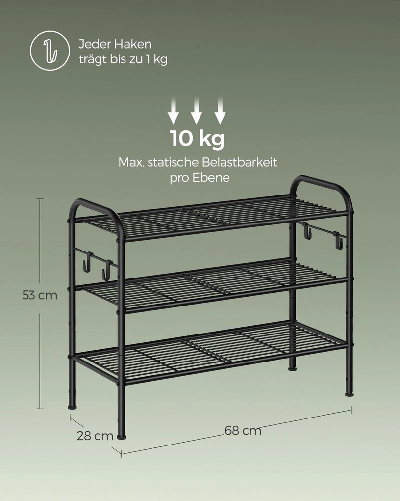 Sapateira com 3 prateleiras de grelha 28 x 68 x 53 cm para 12 pares de sapatos preto