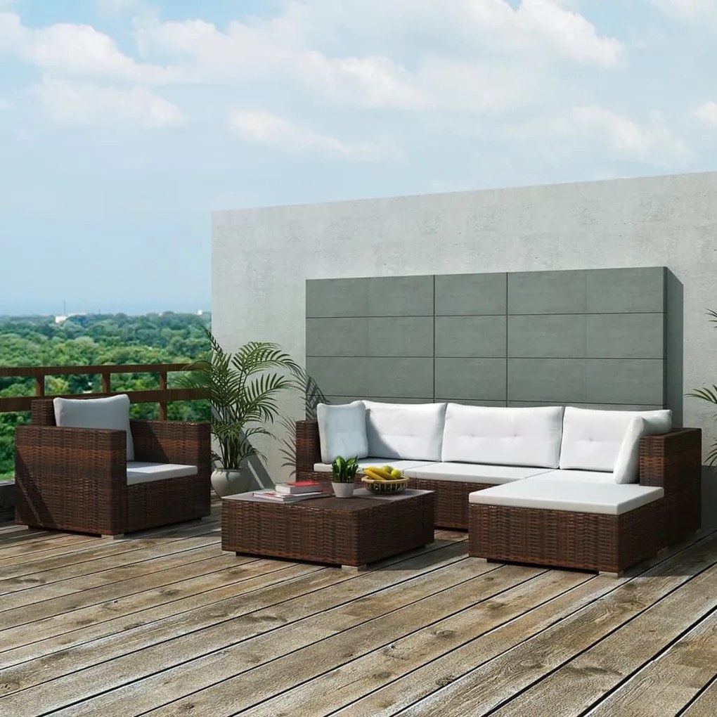 vidaXL 6 pcs conjunto lounge jardim c/ almofadões vime PE castanho