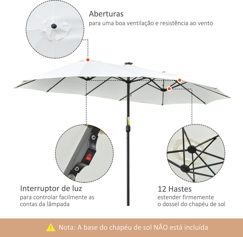 Chapéu de Sol Duplo com 48 Luzes LED 4,5x2,65 m Manivela Proteção Solar para Terraço Jardim Piscina Creme