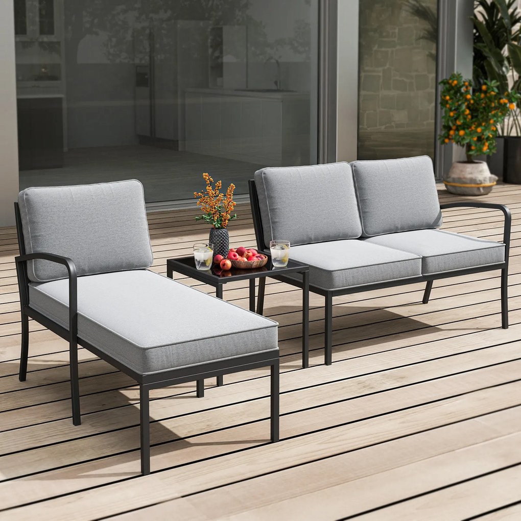 Conjunto de 3 Peças de Jardim: Sofá de 2 Lugares, Sofá em L e Mesa de Centro, 172,5 x 113 x 80 cm, Almofadas Laváveis, Cinzento